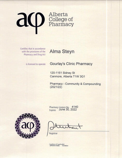 Gourlay's Clinic Pharmacy license document